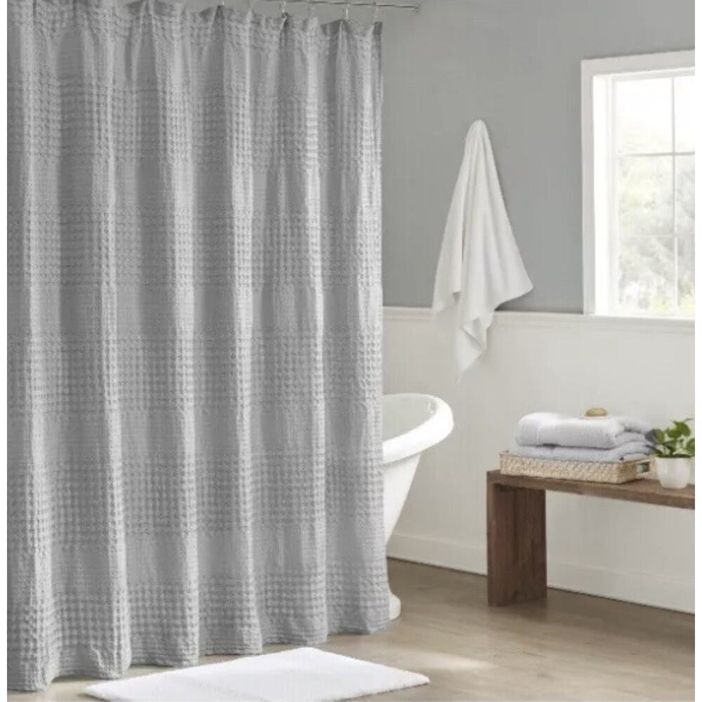 Madison Park Shower Curtain Gray Waffle Textured Cotton Fabric 72x72 NEW - Picture 3 of 5